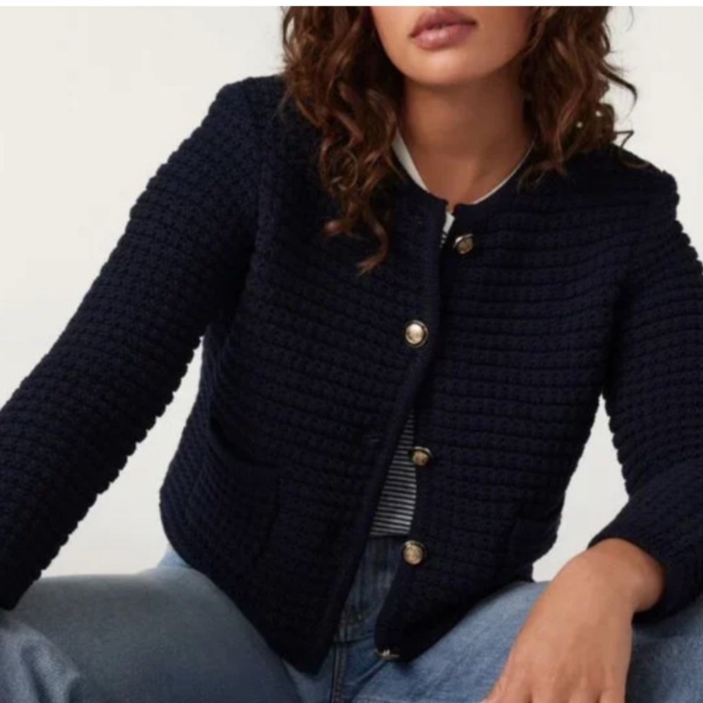 ba&sh Navy Textured Knit Cropped Cardigan with Gold Buttons